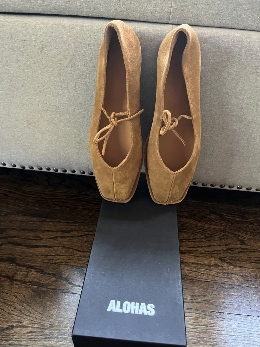 ALOHAS Suede Ballet Flats in Cognac Brown with Bow - Picture 1 of 2
